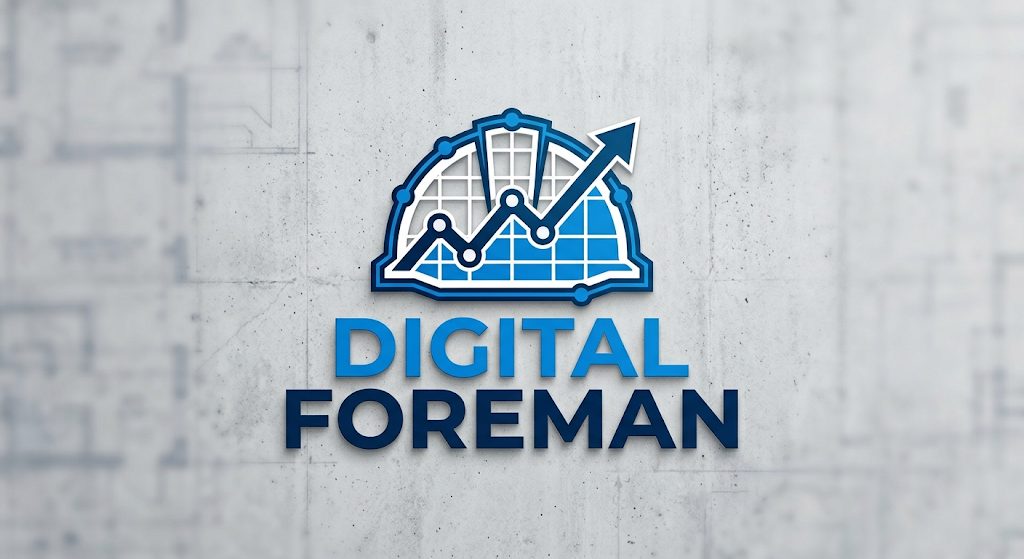 Digital Foreman logo: a hard hat drawn as a website grid with a rising arrow, on a concrete wall